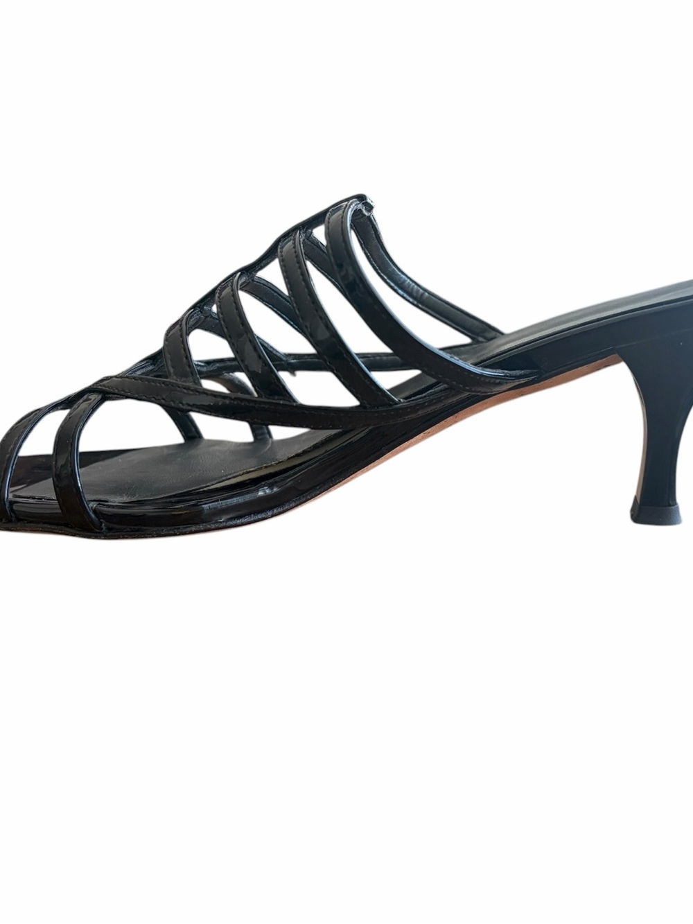 Stuart Weitzman 90s Carcel Black Patent Leather Strappy Kitten Heels Sandals - Picture 3 of 6